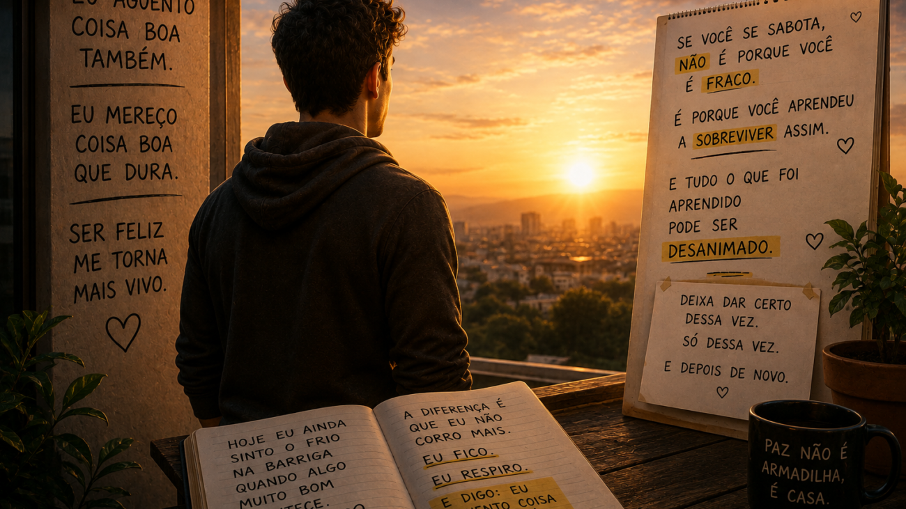Pessoa refletindo sobre pensamentos de autossabotagem e aprendendo a permitir que coisas boas aconteçam.