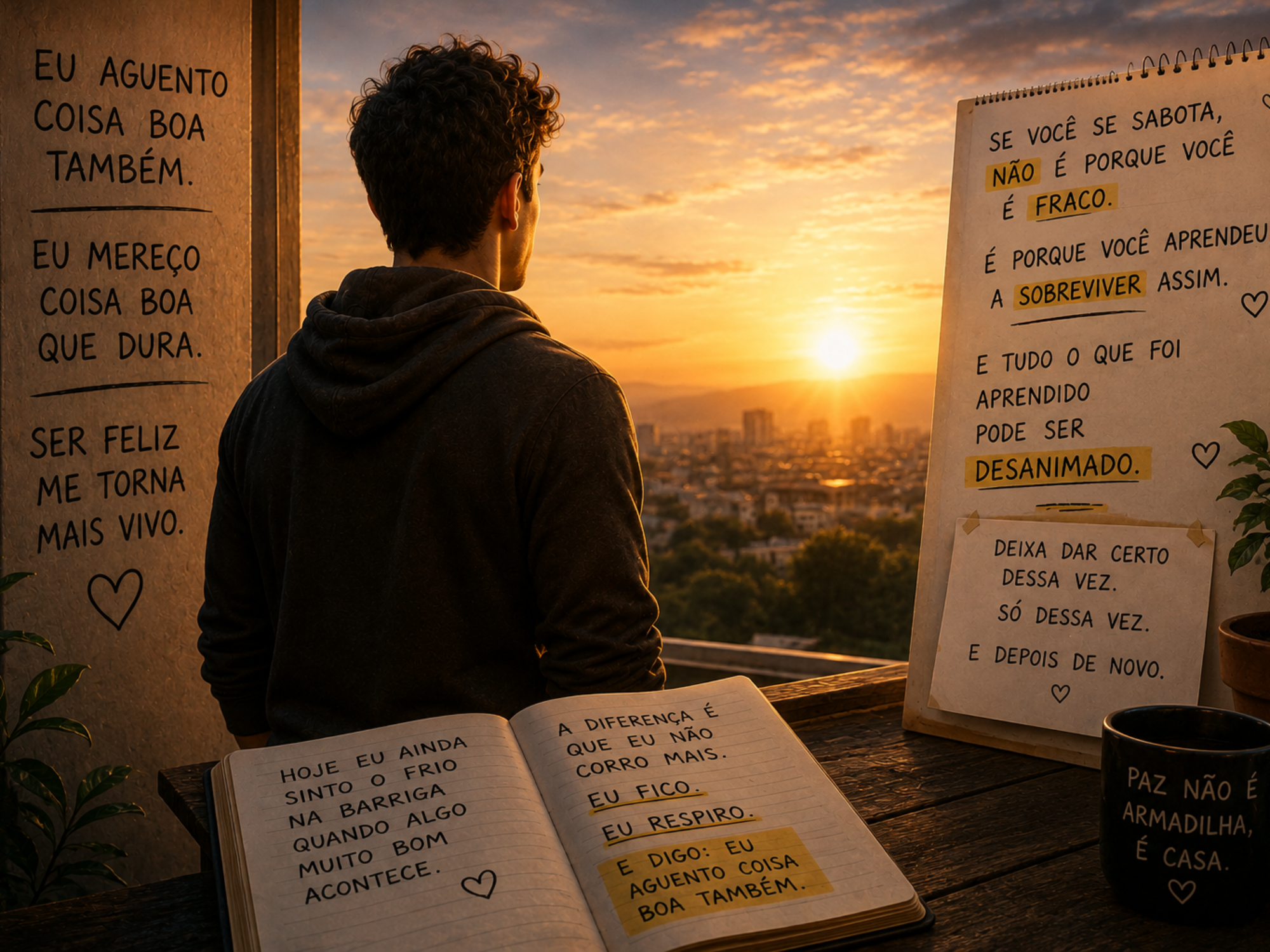 Pessoa refletindo sobre pensamentos de autossabotagem e aprendendo a permitir que coisas boas aconteçam.