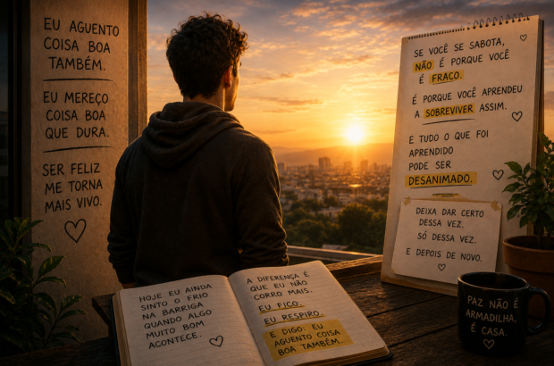 Pessoa refletindo sobre pensamentos de autossabotagem e aprendendo a permitir que coisas boas aconteçam.