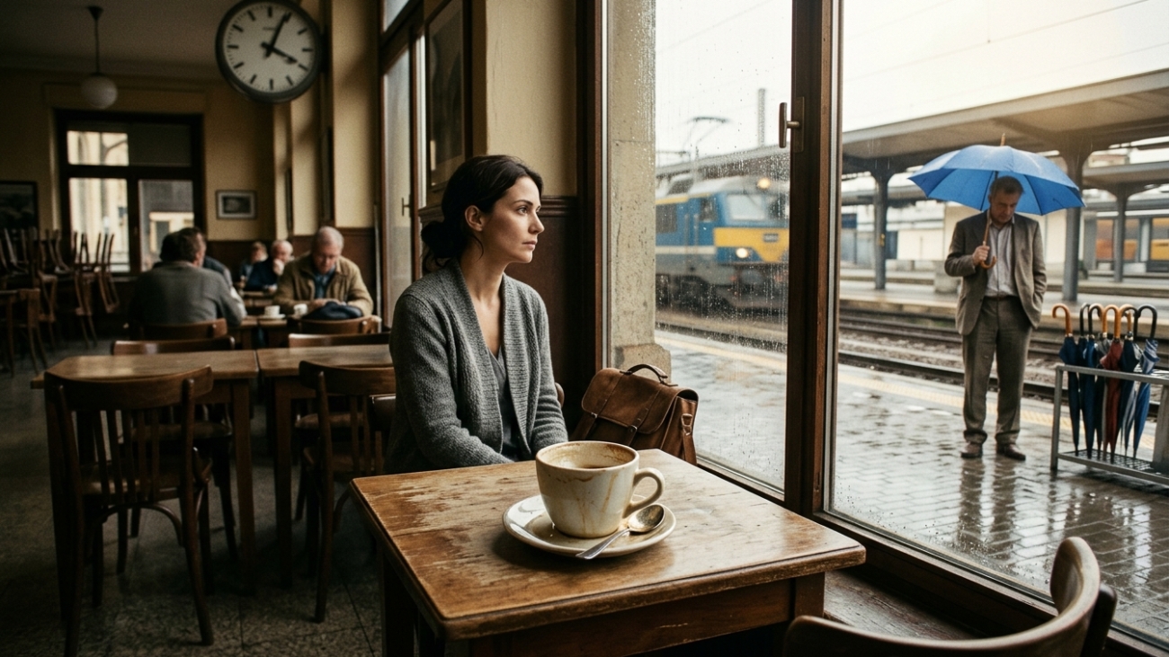 Xícara de café esfriando em uma mesa de café na estação central, ilustrando o poema sobre as ironias da vida.