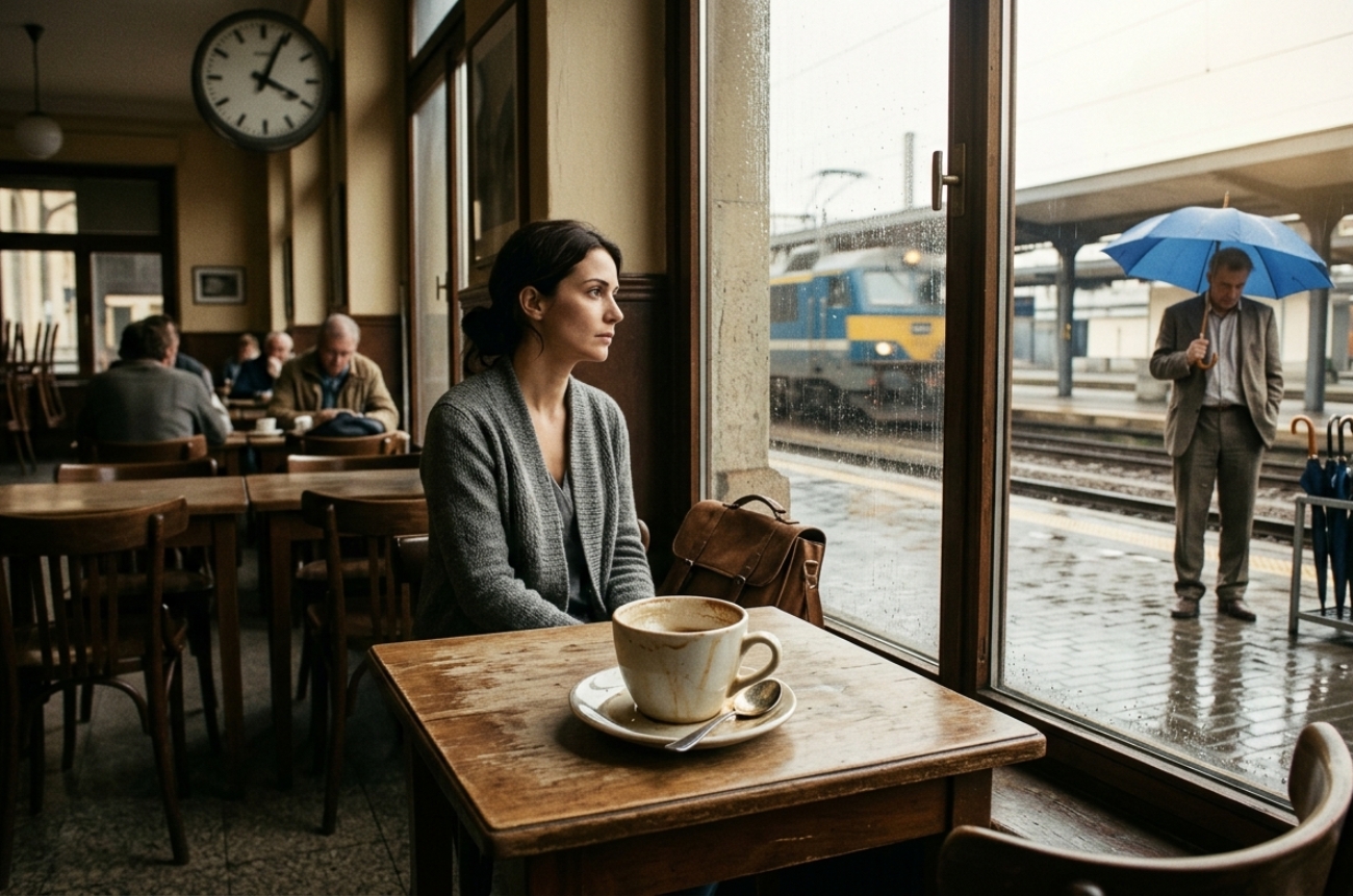Xícara de café esfriando em uma mesa de café na estação central, ilustrando o poema sobre as ironias da vida.