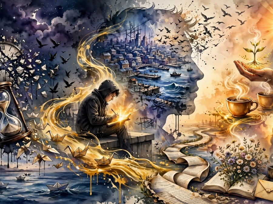 poeta na laje, o perfil gigante com cidade e mar dentro, ampulheta e relógio virando barquinhos, semente brotando, coração de quebra-cabeça e o abraço ao pôr do sol.