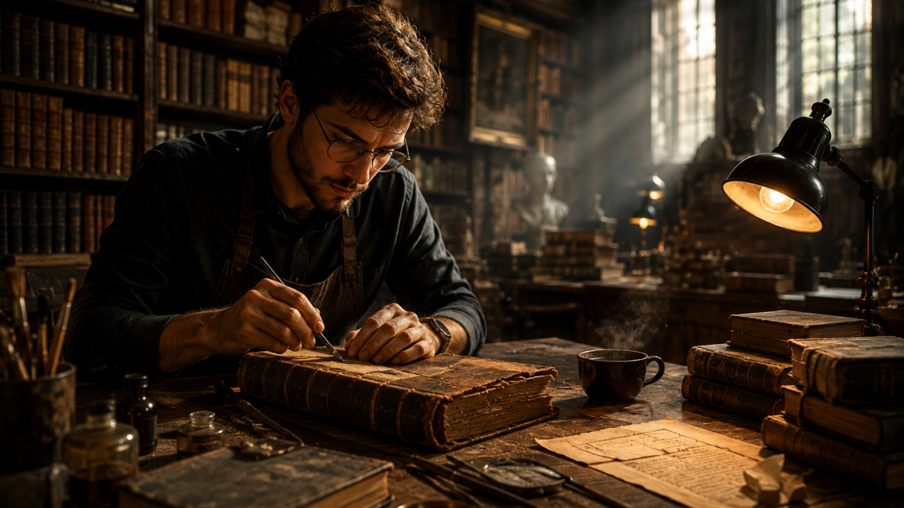 Oficina de restauração em biblioteca antiga