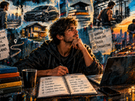 A imagem apresenta um jovem sentado à mesa, refletindo sobre o próprio futuro diante de um caderno com metas financeiras e profissionais, livros sobre disciplina, estudos e planejamento, enquanto ao fundo aparecem símbolos de suas ambições — carro, casa, carreira, saúde e família — integrados a uma pintura urbana expressiva, com grafites, respingos de tinta e contrastes entre azul profundo, preto, laranja e dourado. A composição transmite a mensagem de que sonhos não se realizam apenas com desejos ou sorte, mas com planejamento, estudo, disciplina e ação consistente, destacando a transformação da frustração em um caminho concreto para conquistar objetivos.