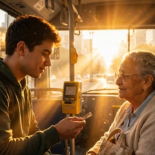 Rafael no ônibus das 7h12 — o gesto simples de pagar a passagem da senhora, a luz da manhã entrando, mostrando que caráter não é demitido.