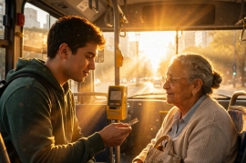 Rafael no ônibus das 7h12 — o gesto simples de pagar a passagem da senhora, a luz da manhã entrando, mostrando que caráter não é demitido.