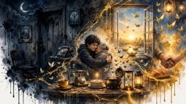 café fumegante, telefone dourado tocando, bolo de primeiro aniversário, panela da avó e o abraço que não espera, no nosso padrão Dualidade com ampulheta e janela aberta para o nascer do sol.