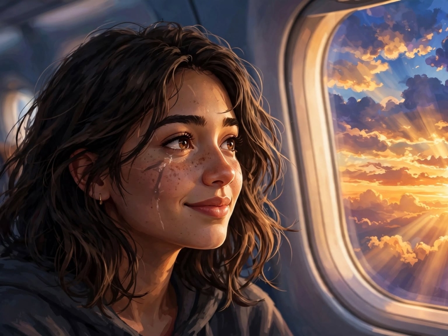 olhando direto para a janela, com aquele sorriso leve de alívio, ainda com a marca da lágrima mas com a luz dourada do pôr do sol finalmente entrando